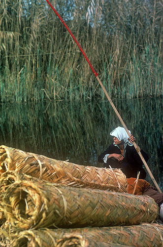 Marsh Arab boy with rolls of reed matting, Iraq